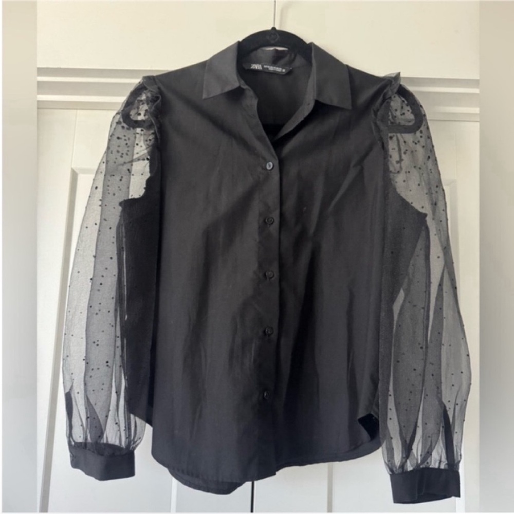 Zara Black Blouse with Sheer Polka Dot Sleeves